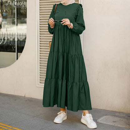 ZANZEA Long Sleeve Muslim Dresses Women Spring Dress Vintage Ruffles Dress Casual Abaya Hijab Dresses Vestido Long Maxi Dresses