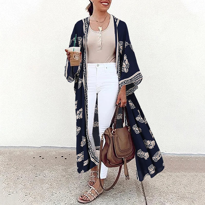 Bohemian Floral Printed Shirt Kimono ZANZEA Summer Beach Cardigan Women Open Front Long Sleeve Casual Blouse Vintage Long Tops