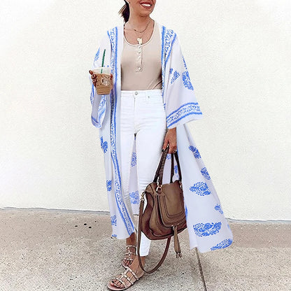 Bohemian Floral Printed Shirt Kimono ZANZEA Summer Beach Cardigan Women Open Front Long Sleeve Casual Blouse Vintage Long Tops