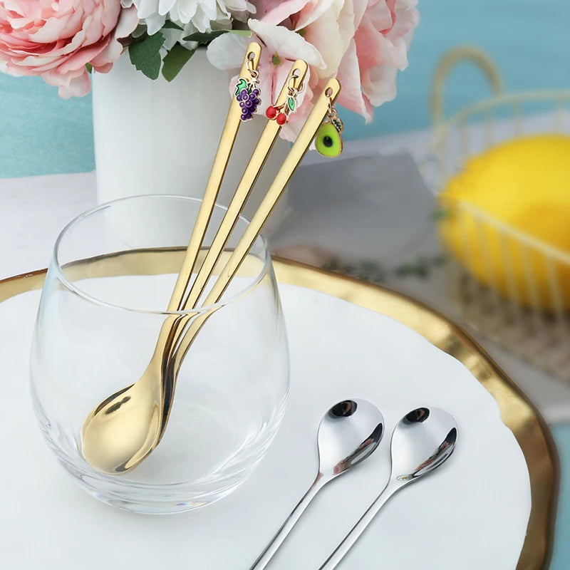 Creative Fruit Pendant Coffee Spoons Afternoon Teaspoon Mixing Stirring Spoon Dessert Spoon Table Decor Party Gift Kitchen Tool