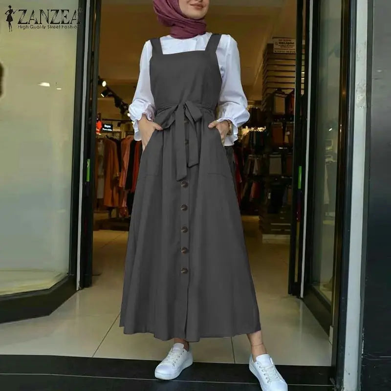 Women's Autumn Overalls Vestidos Fashion Islamic Dress ZANZEA 2023 Casual Solid Tank Marocain Robe Female Button Sundress S-