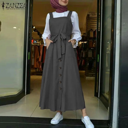 Women's Autumn Overalls Vestidos Fashion Islamic Dress ZANZEA 2023 Casual Solid Tank Marocain Robe Female Button Sundress S-