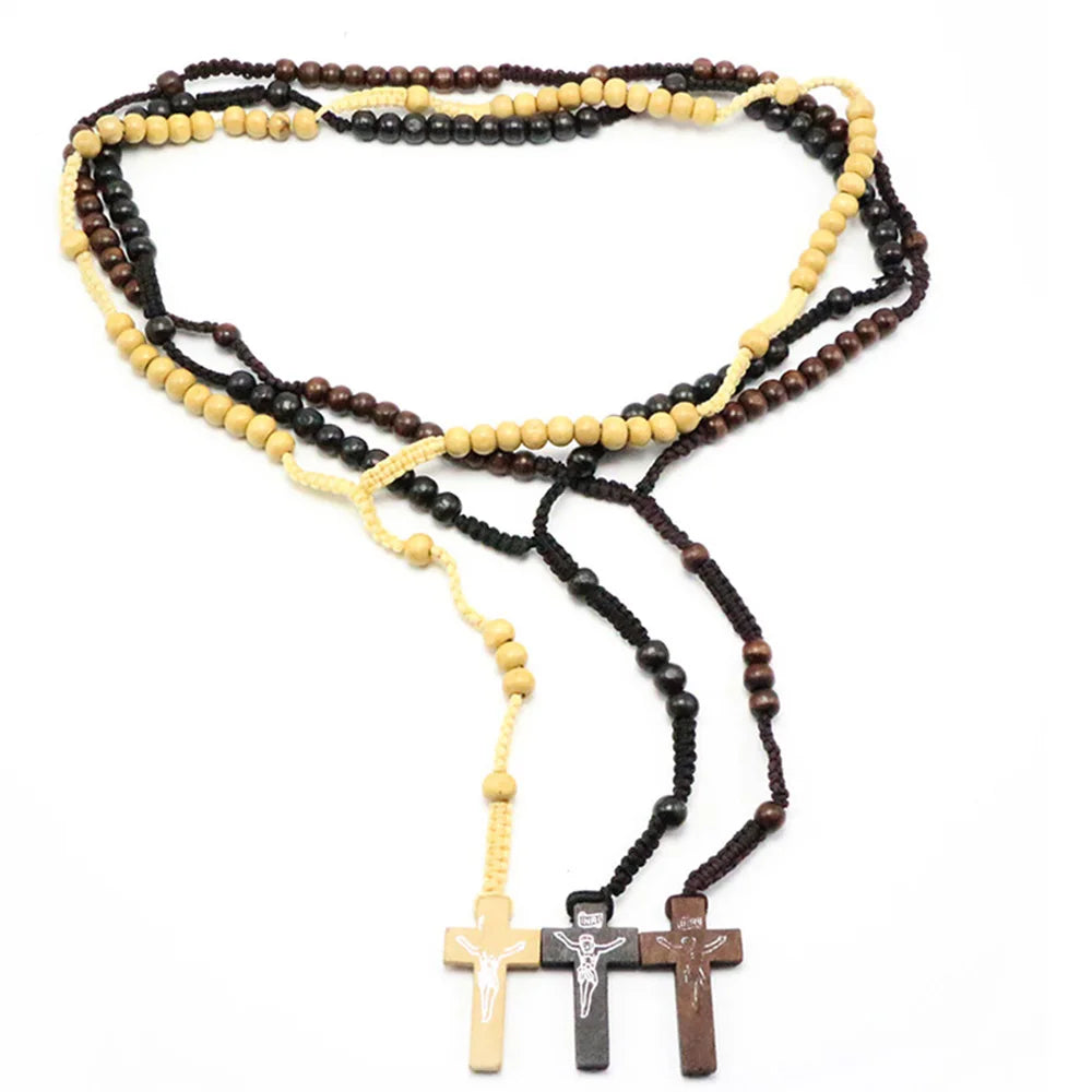 Hot Fashion Women Men Catholic Christ Religious Jewelry Wooden 8mm Rosary Beads Cross Woven Rope Necklace Sweater Chain Decor