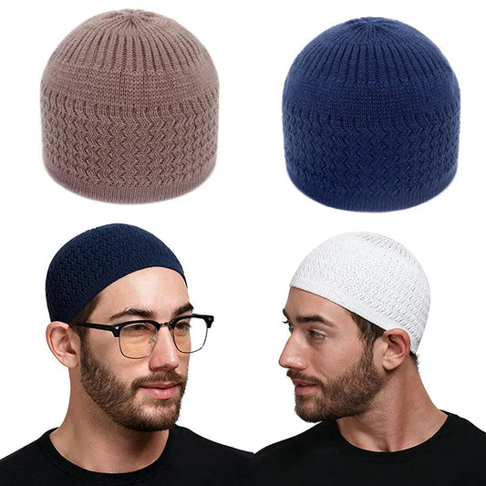 Winter Knitted Muslim Men Prayer Hats Unisex Beanies Cap Warm Islamic Ramadan Jewish Kippah Homme Hat Men's Wrap Head Caps