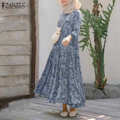 Vinatage Robe 2023 Autumn ZANZEA Retro Floral Print Muslim Dress Womens Fashion Rayon Long Vestidos Casual Loose Ruffle Dresses