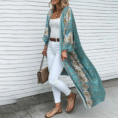 Bohemian Floral Printed Shirt Kimono ZANZEA Summer Beach Cardigan Women Open Front Long Sleeve Casual Blouse Vintage Long Tops