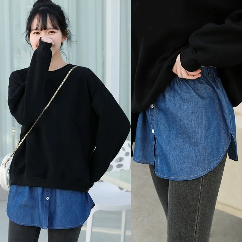 Women Layering Fake Top Lower Sweep Skirt Buttons Blue Striped Blouse A-Line False Hem High Waist Skirt Extenders for Sweater Sw
