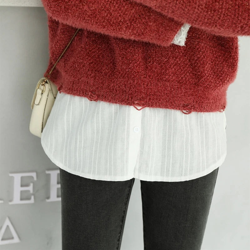 Women Layering Fake Top Lower Sweep Skirt Buttons Blue Striped Blouse A-Line False Hem High Waist Skirt Extenders for Sweater Sw