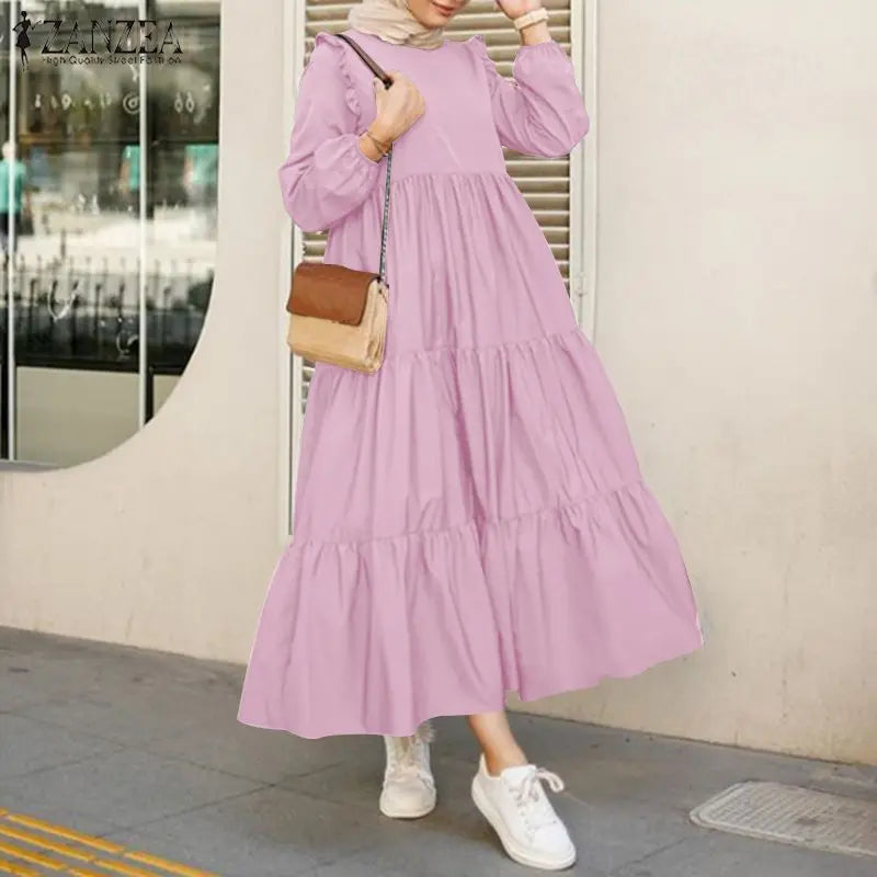 ZANZEA Long Sleeve Muslim Dresses Women Spring Dress Vintage Ruffles Dress Casual Abaya Hijab Dresses Vestido Long Maxi Dresses