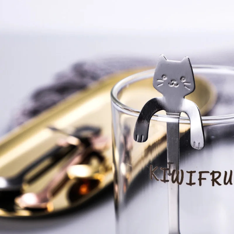 Stainless Steel Spoons Lovely Cartoon Cat Hanging Coffee Cup Hanging Spoon Ice Cream Dessert Teaspoon Creative Kitchen Accessory