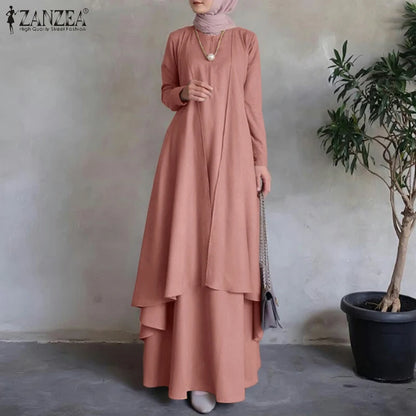 Muslim Kaftan Maxi Dresses ZANZEA Women Long Sleeve Irregular Hem Loose Long Dress Dubai Turkey Abaya Hijab Sundress