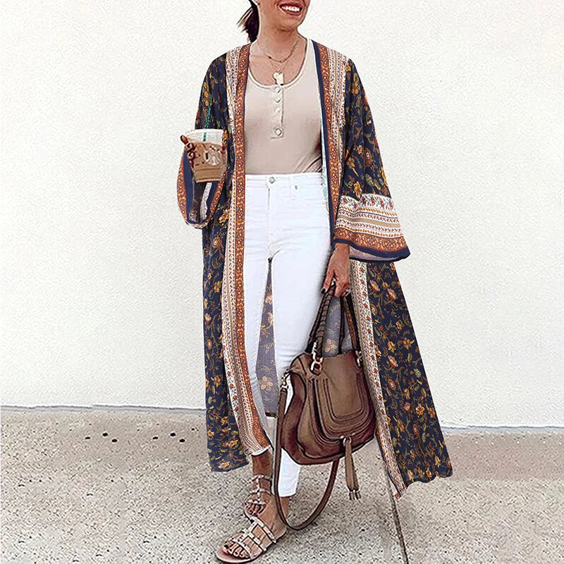 Bohemian Floral Printed Shirt Kimono ZANZEA Summer Beach Cardigan Women Open Front Long Sleeve Casual Blouse Vintage Long Tops