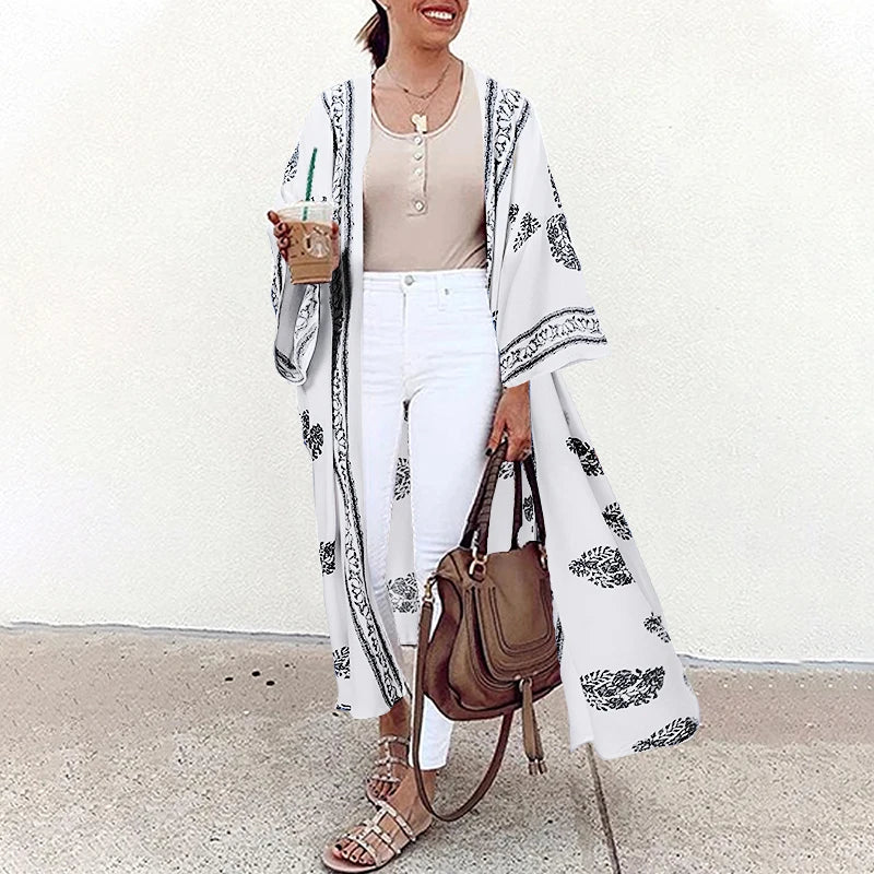 Bohemian Floral Printed Shirt Kimono ZANZEA Summer Beach Cardigan Women Open Front Long Sleeve Casual Blouse Vintage Long Tops