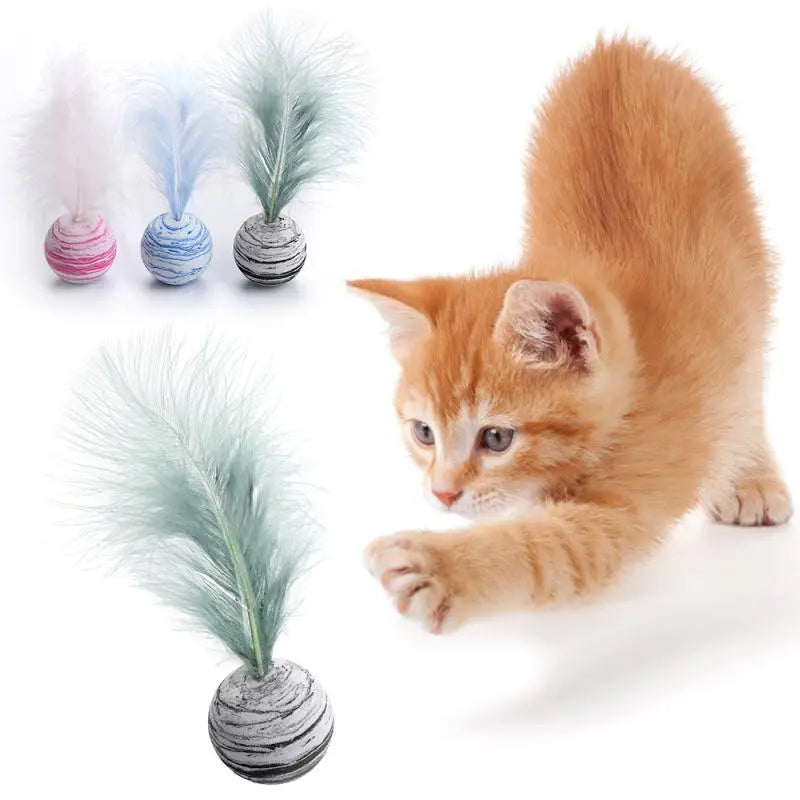 1pc Funny Cat Toy Star Ball Plus Feather EVA Material Light Foam Ball Throwing Toy Star Texture Ball Feather Toy For Dog Cat New