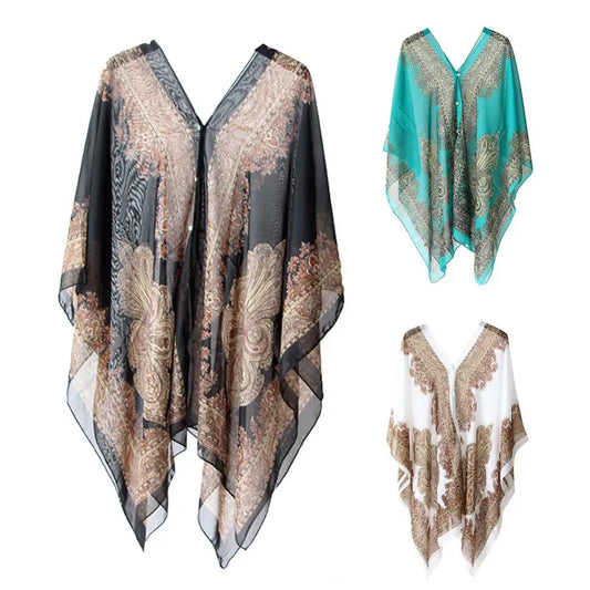 Women Scarf Shawl Summer Beach Bikini Cover Up Loose Chiffon Blouse Shawl Scarf with Buttons Sunscreen Comfortable Cover-Ups Hot