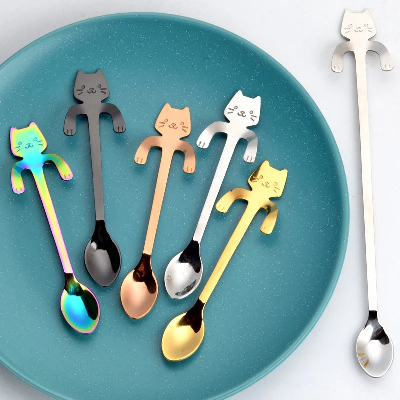 Stainless Steel Spoons Lovely Cartoon Cat Hanging Coffee Cup Hanging Spoon Ice Cream Dessert Teaspoon Creative Kitchen Accessory