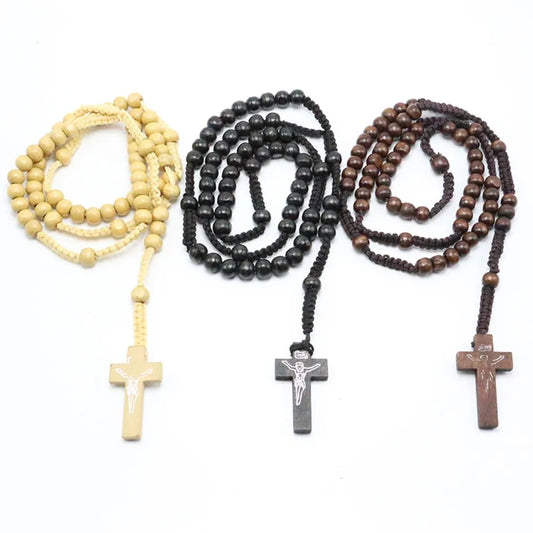 Hot Fashion Women Men Catholic Christ Religious Jewelry Wooden 8mm Rosary Beads Cross Woven Rope Necklace Sweater Chain Decor