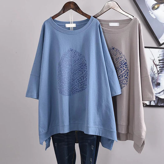 Women Casual 3/4 Sleeve O Neck Leaf Print High Low Hem Loose Blouse Top Blouse Women's Blouse  Top Female Woman Cloth Blouse
