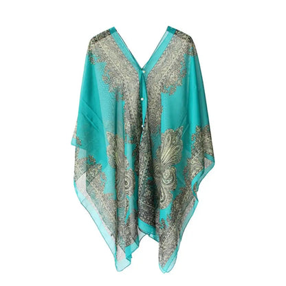 Women Scarf Shawl Summer Beach Bikini Cover Up Loose Chiffon Blouse Shawl Scarf with Buttons Sunscreen Comfortable Cover-Ups Hot