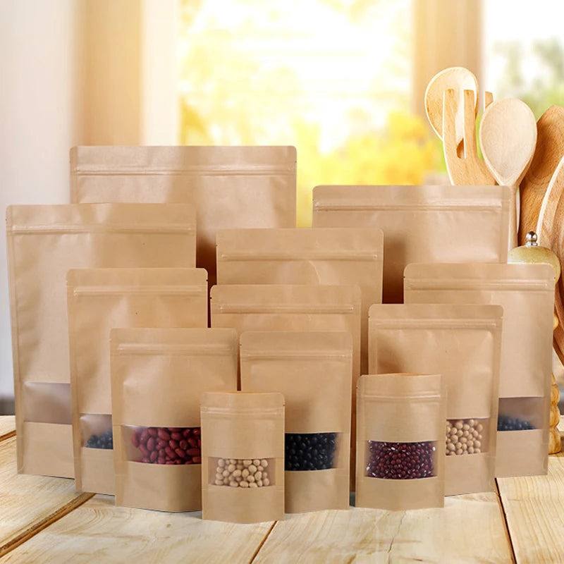 Kraft Paper Bag Lock with Window Gift Tea Packaging Food Stand Up Pouches Storage Bags