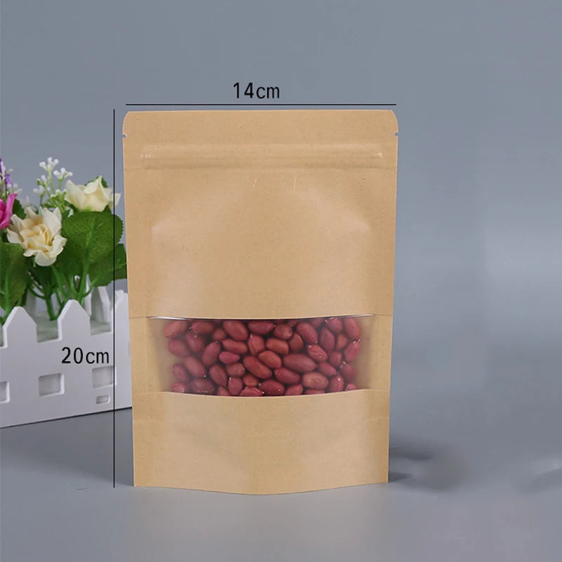 Kraft Paper Bag Lock with Window Gift Tea Packaging Food Stand Up Pouches Storage Bags