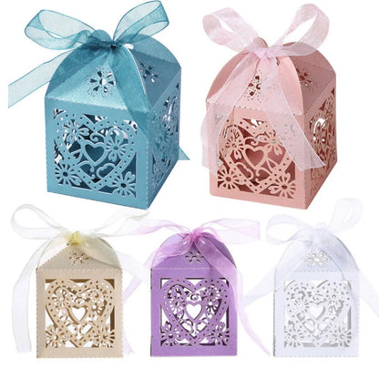 10Pcs Couple Design Luxury Lase Cut Wedding Sweets Candy Gift Favour Boxes with Ribbon Table Decorations Favor candy Box