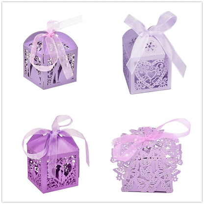 10Pcs Couple Design Luxury Lase Cut Wedding Sweets Candy Gift Favour Boxes with Ribbon Table Decorations Favor candy Box