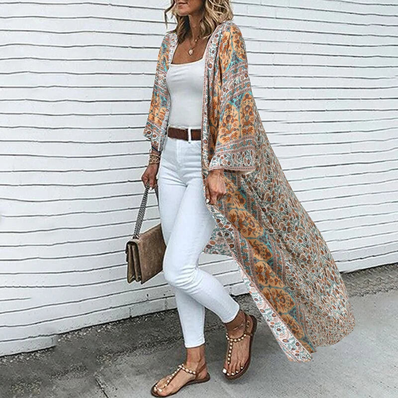 Bohemian Floral Printed Shirt Kimono ZANZEA Summer Beach Cardigan Women Open Front Long Sleeve Casual Blouse Vintage Long Tops