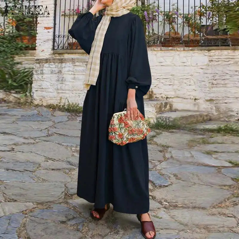 ZANZEA Abaya Turkey Hijab Dress Retro Muslim Dress Women Long Puff Sleeve Dubai Sundress Robe  Casual Solid Islamic Clothing