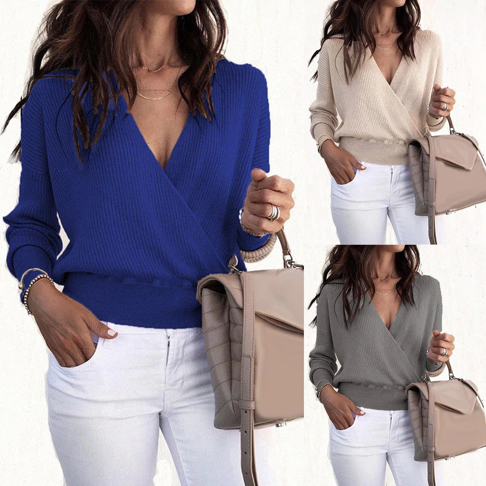 Autumn Winter Solid Color Deep V Cross Front Women Long Sleeve Sweater Jumpers