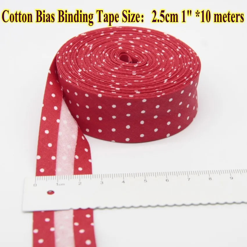 Cotton Bias Tape with Dots Spots Size 25mm 1 " 2.5cm *10 Meters Per Roll DIY Handmade Sewing Material