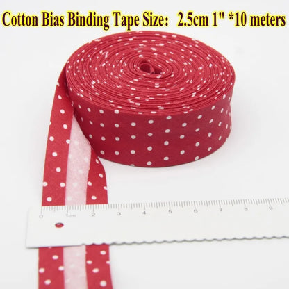 Cotton Bias Tape with Dots Spots Size 25mm 1 " 2.5cm *10 Meters Per Roll DIY Handmade Sewing Material