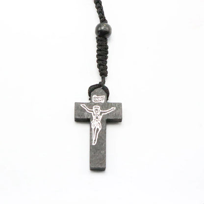 Hot Fashion Women Men Catholic Christ Religious Jewelry Wooden 8mm Rosary Beads Cross Woven Rope Necklace Sweater Chain Decor