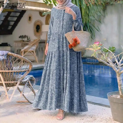 Vinatage Robe 2023 Autumn ZANZEA Retro Floral Print Muslim Dress Womens Fashion Rayon Long Vestidos Casual Loose Ruffle Dresses