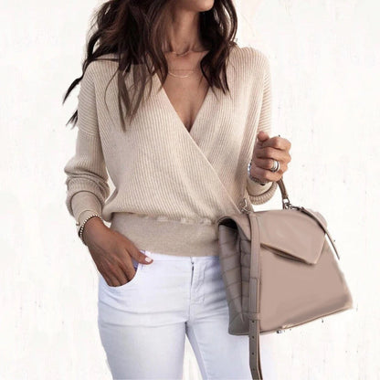 Autumn Winter Solid Color Deep V Cross Front Women Long Sleeve Sweater Jumpers