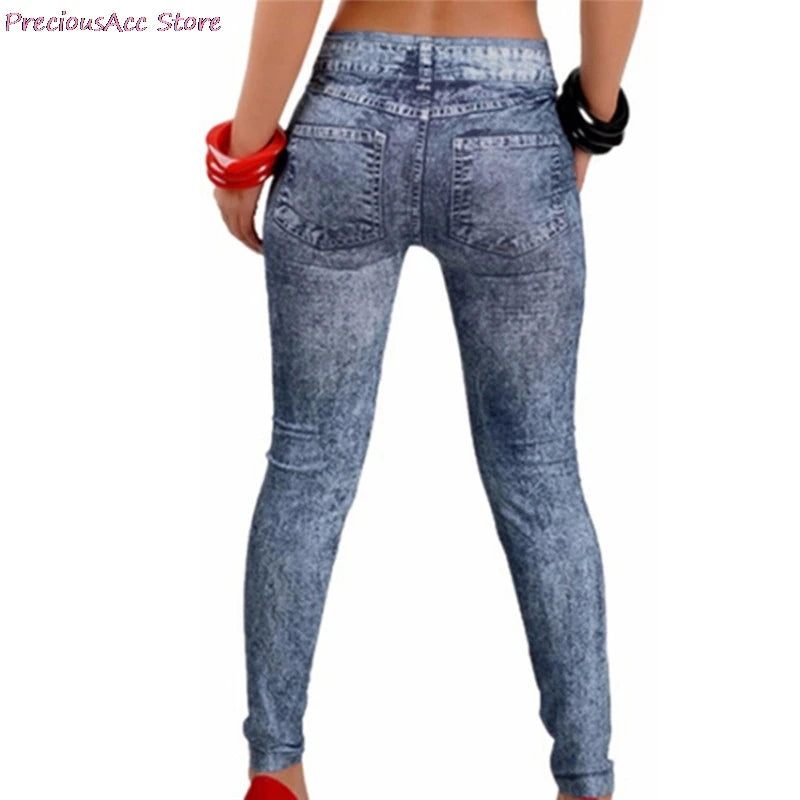 Women Leggings Denim Jeans Pants With Mock Pocket Slim Leggings Women Fitness Blue Black Leggins