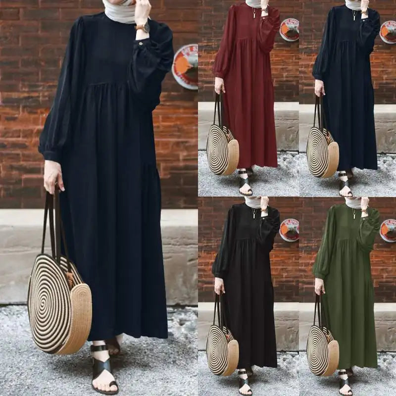 ZANZEA Abaya Turkey Hijab Dress Retro Muslim Dress Women Long Puff Sleeve Dubai Sundress Robe  Casual Solid Islamic Clothing