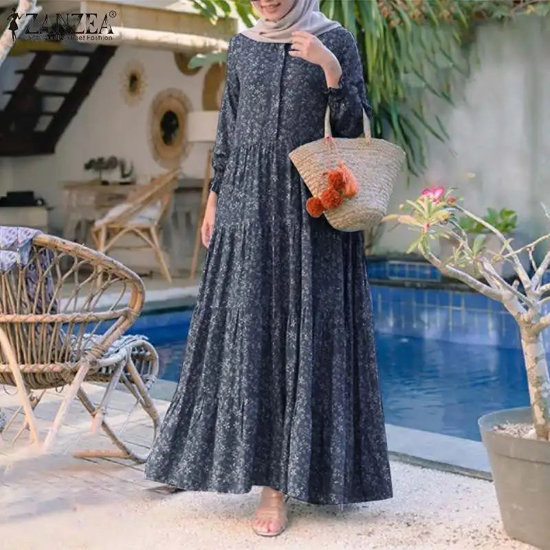 Vinatage Robe 2023 Autumn ZANZEA Retro Floral Print Muslim Dress Womens Fashion Rayon Long Vestidos Casual Loose Ruffle Dresses