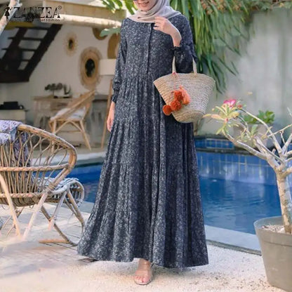 Vinatage Robe 2023 Autumn ZANZEA Retro Floral Print Muslim Dress Womens Fashion Rayon Long Vestidos Casual Loose Ruffle Dresses