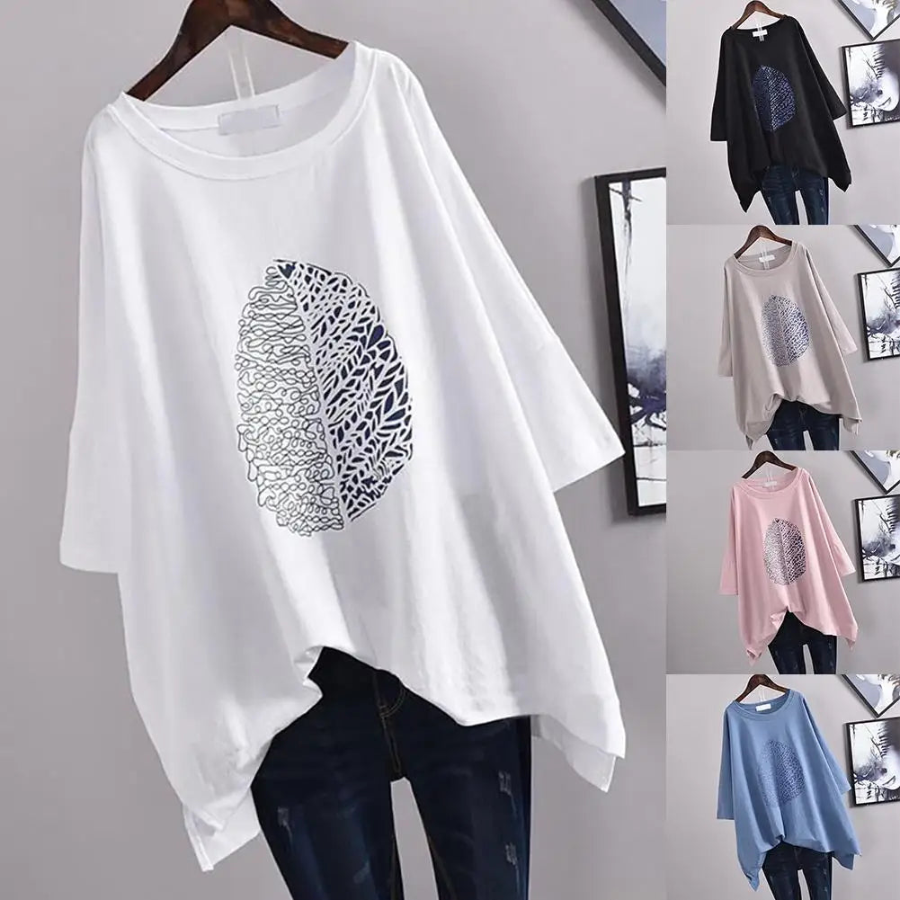 Women Casual 3/4 Sleeve O Neck Leaf Print High Low Hem Loose Blouse Top Blouse Women's Blouse  Top Female Woman Cloth Blouse