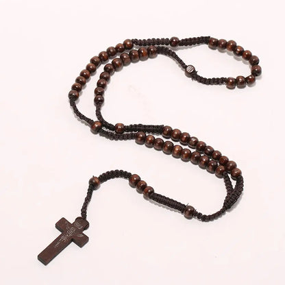 Hot Fashion Women Men Catholic Christ Religious Jewelry Wooden 8mm Rosary Beads Cross Woven Rope Necklace Sweater Chain Decor