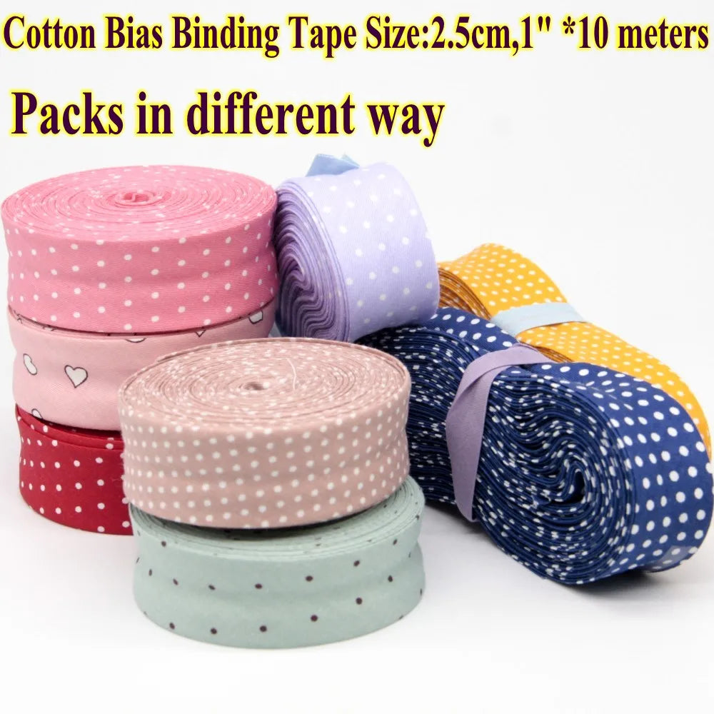 Cotton Bias Tape with Dots Spots Size 25mm 1 " 2.5cm *10 Meters Per Roll DIY Handmade Sewing Material
