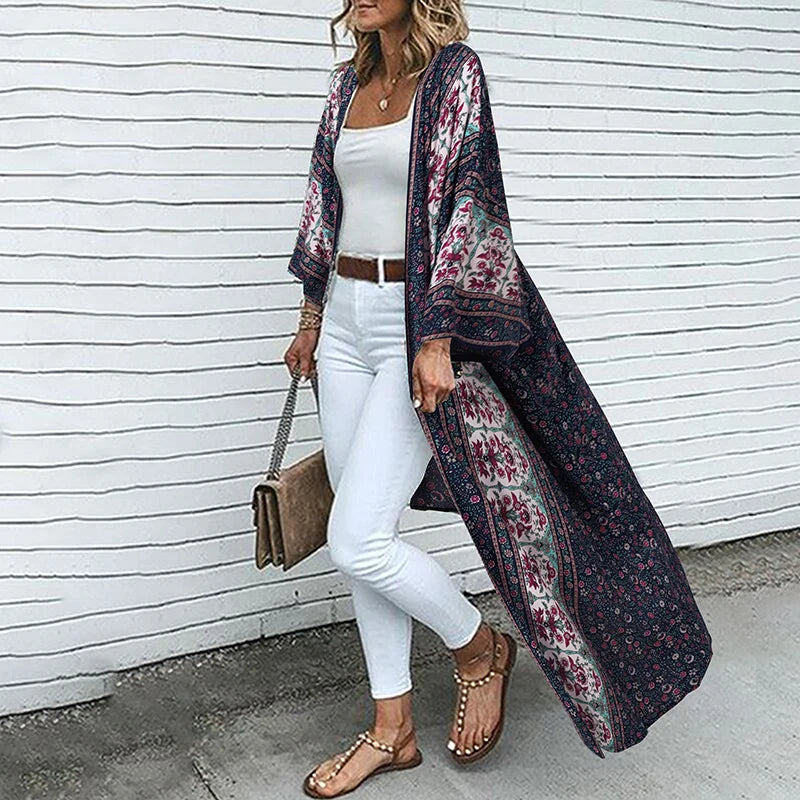 Bohemian Floral Printed Shirt Kimono ZANZEA Summer Beach Cardigan Women Open Front Long Sleeve Casual Blouse Vintage Long Tops