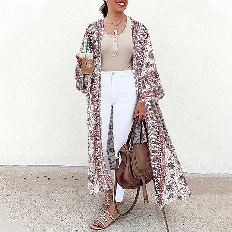 Bohemian Floral Printed Shirt Kimono ZANZEA Summer Beach Cardigan Women Open Front Long Sleeve Casual Blouse Vintage Long Tops