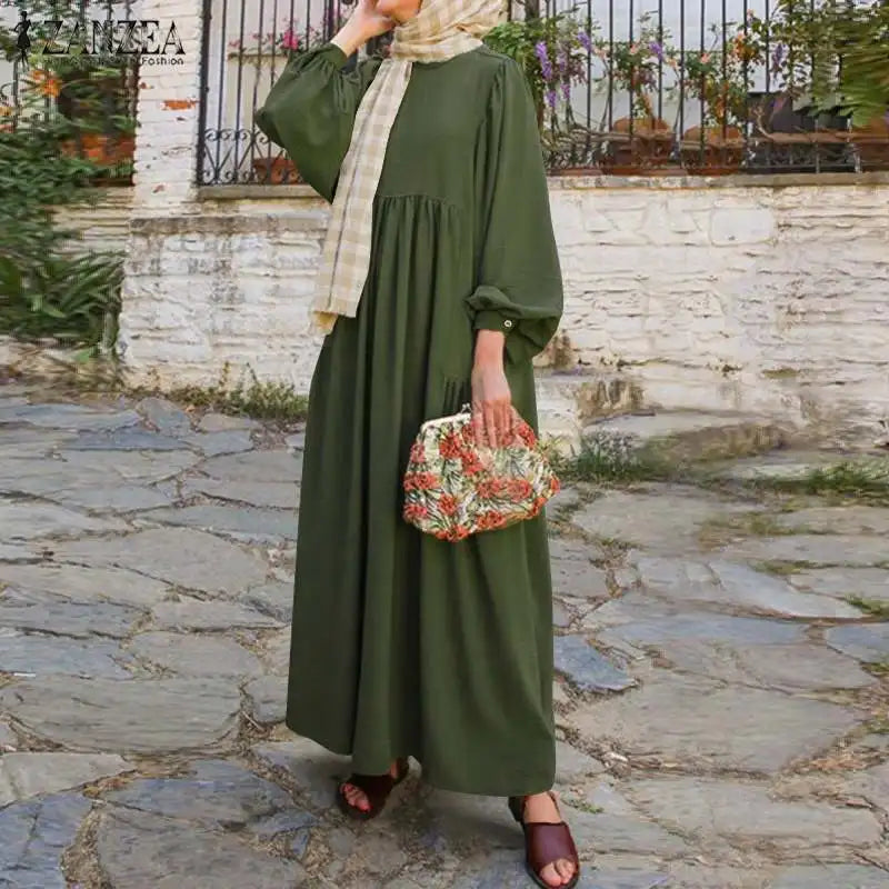 ZANZEA Abaya Turkey Hijab Dress Retro Muslim Dress Women Long Puff Sleeve Dubai Sundress Robe  Casual Solid Islamic Clothing