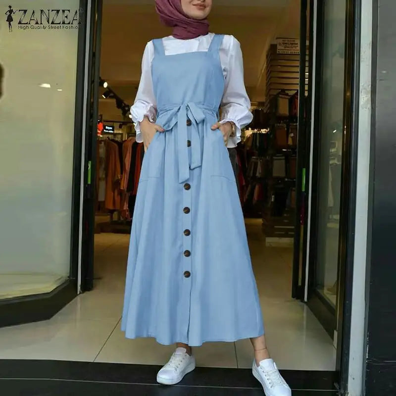 Women's Autumn Overalls Vestidos Fashion Islamic Dress ZANZEA 2023 Casual Solid Tank Marocain Robe Female Button Sundress S-