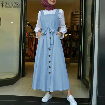 Women's Autumn Overalls Vestidos Fashion Islamic Dress ZANZEA 2023 Casual Solid Tank Marocain Robe Female Button Sundress S-