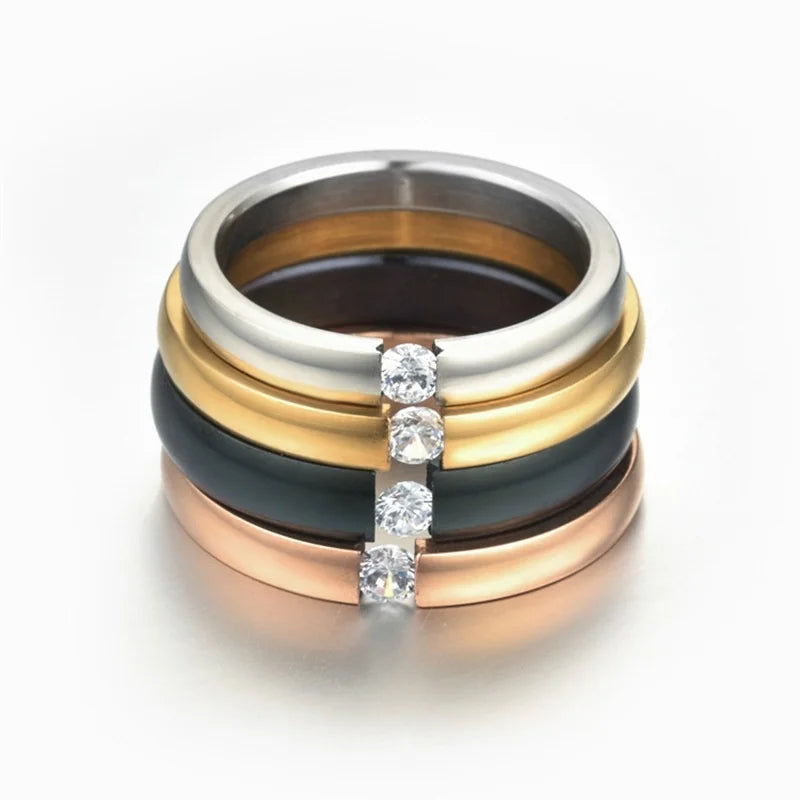 4 Colors Simple High Polished Stainless Steel Cubic Zirconia Stone Lose Weight Rings for Woman