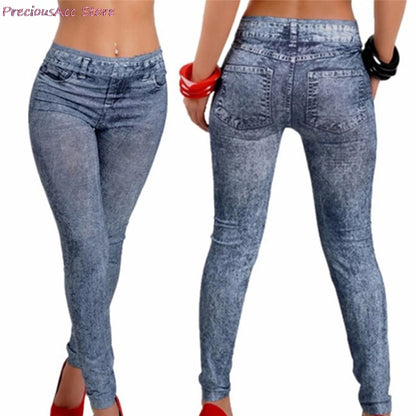 Women Leggings Denim Jeans Pants With Mock Pocket Slim Leggings Women Fitness Blue Black Leggins