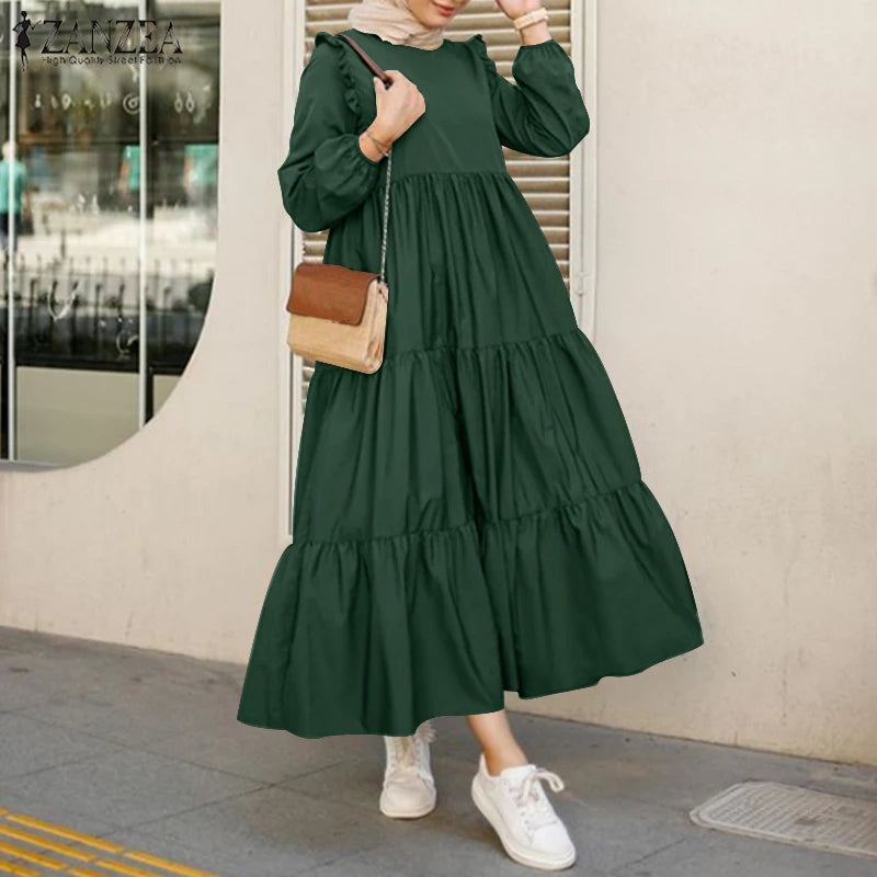 ZANZEA Long Sleeve Muslim Dresses Women Spring Dress Vintage Ruffles Dress Casual Abaya Hijab Dresses Vestido Long Maxi Dresses